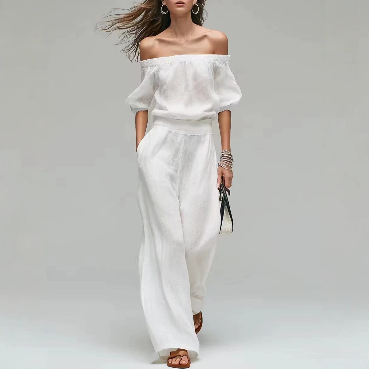 Women's Linen-Look Wide Leg Pants and Cinched Blouse Co-Ord Set