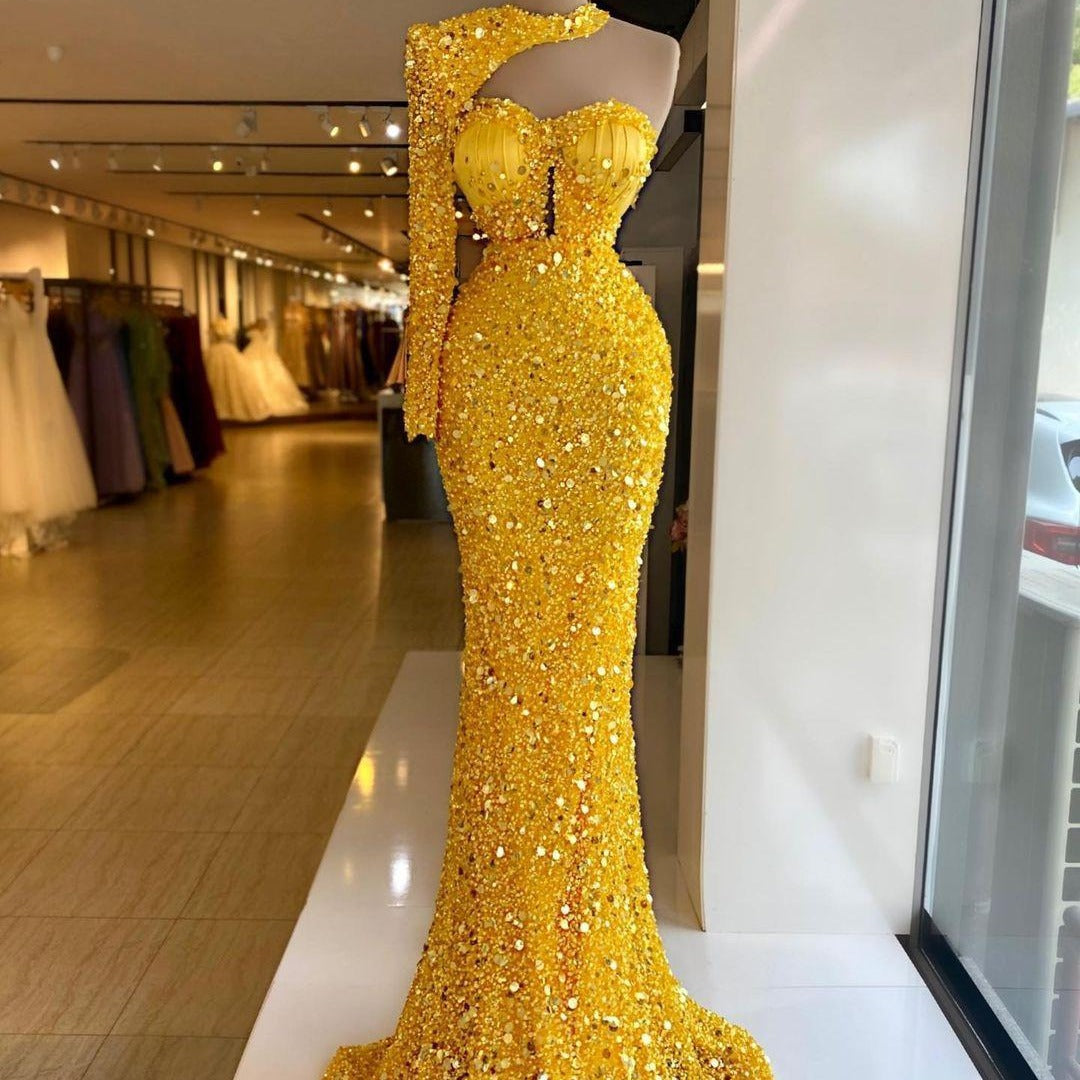 Women’s Sequined Pearl Embroidered Lace Asymmetric One-Shoulder Party Dress