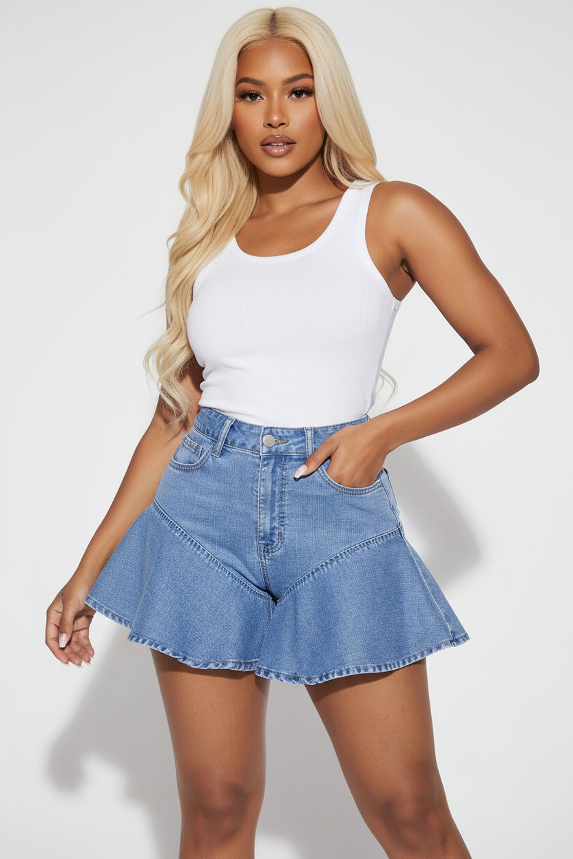 Women’s Ruffle Trim Denim Shorts – Stretch Lace Spliced High-Waisted Casual Shorts
