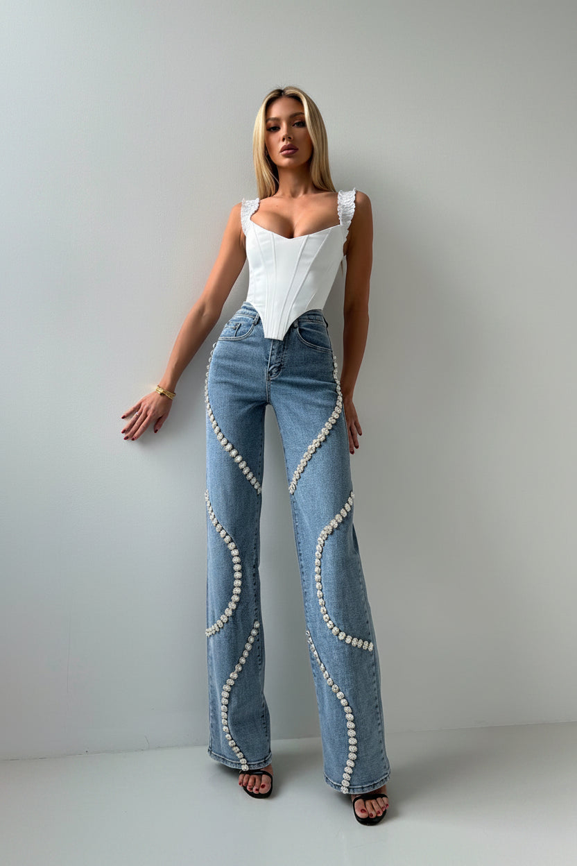 Women's Rhinestone Embellished Loose Straight-Leg Jeans – Casual Sparkly Denim Pants