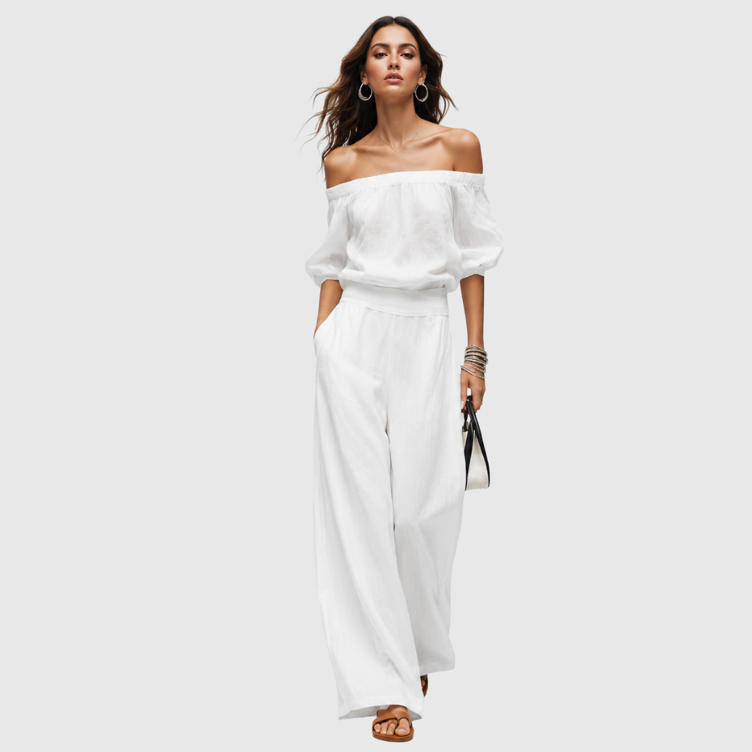 Women's Linen-Look Wide Leg Pants and Cinched Blouse Co-Ord Set