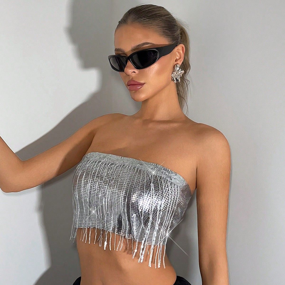 Strapless Metal Tube Top with Fringe Tassel Accents