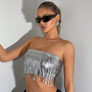 Strapless Metal Tube Top with Fringe Tassel Accents