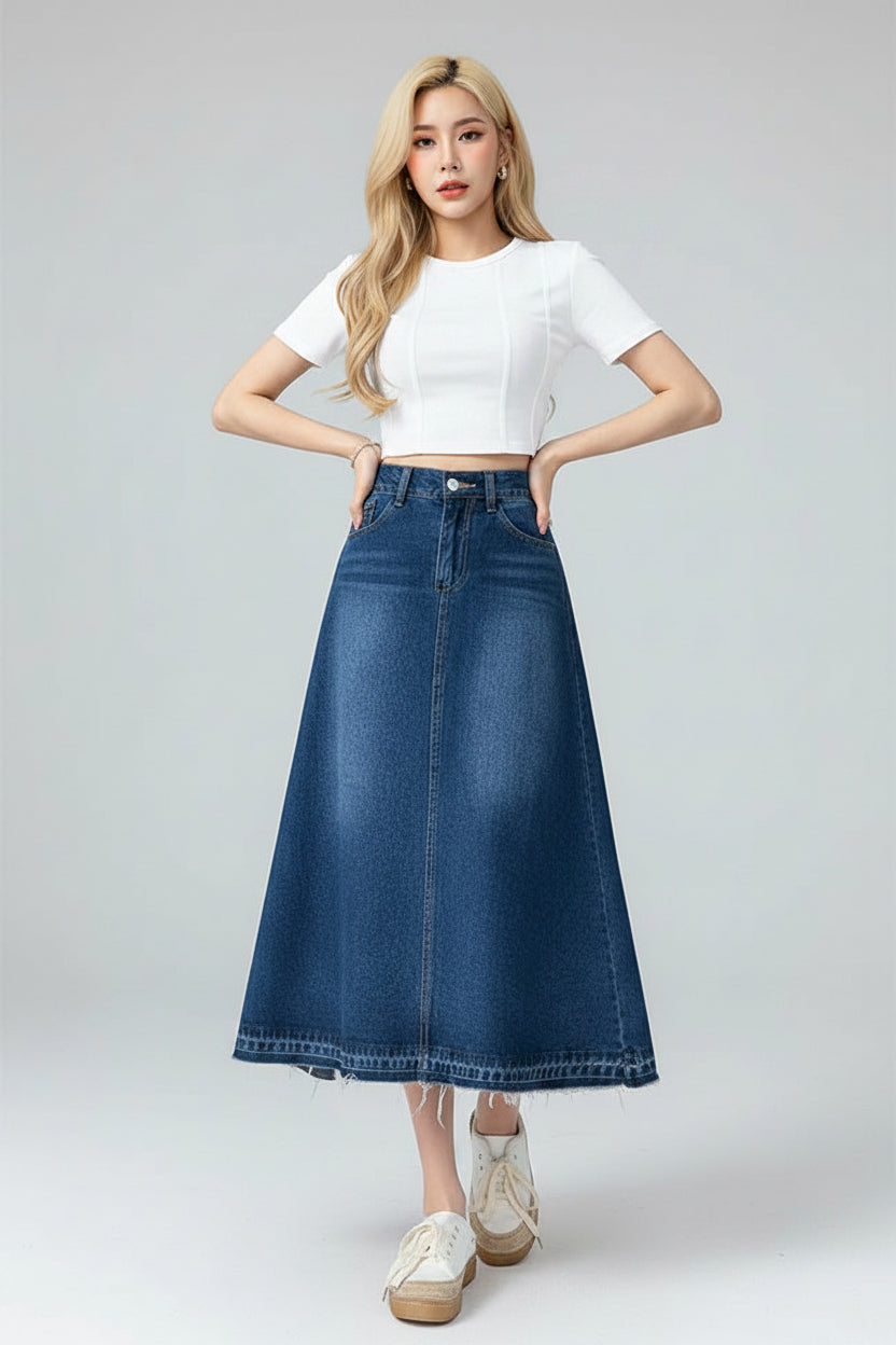 High-Waisted Denim Midi Skirt for Women – Slim Fit Draped A-Line Jean Skirt