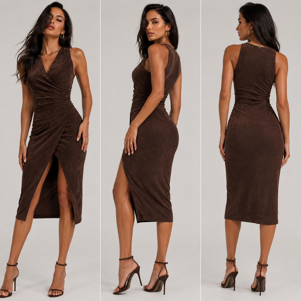 Casual Elegant Waist-Cinching Midi Dress with Side Slit