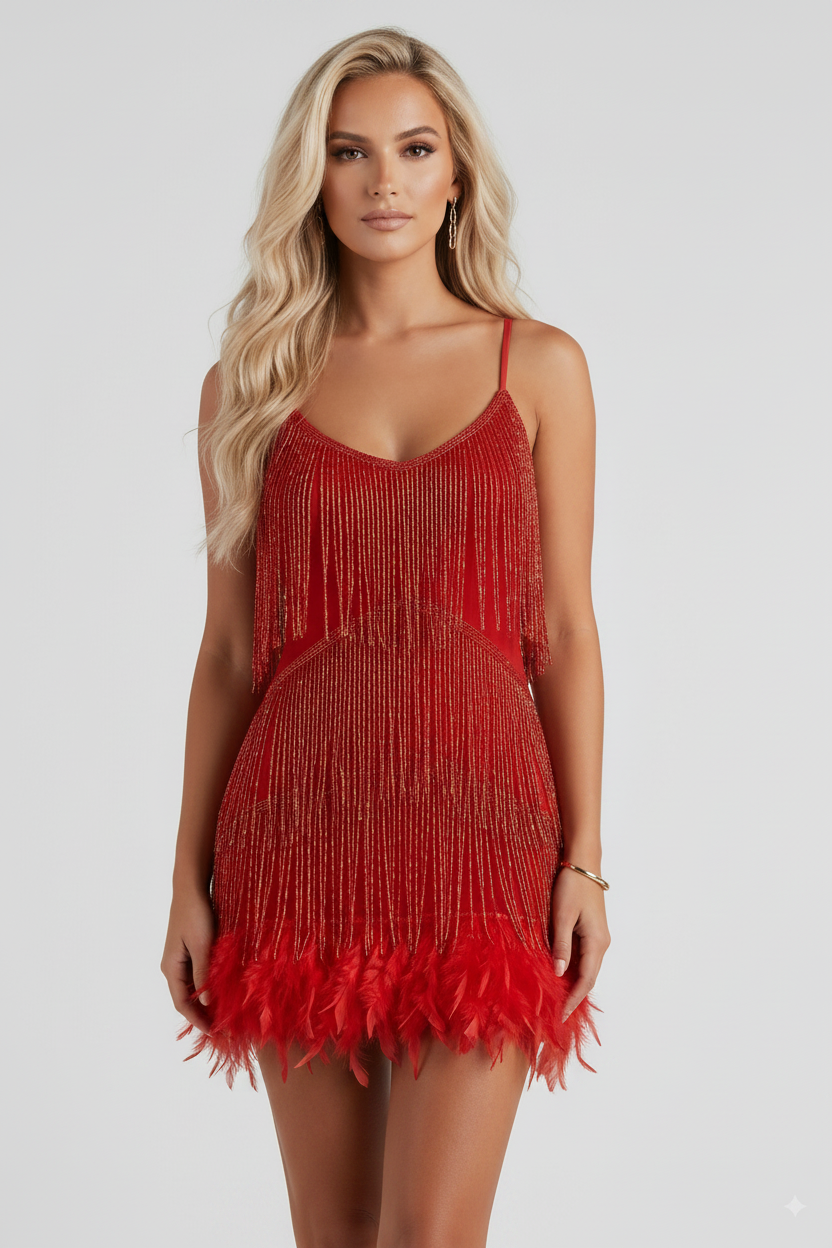Women’s Sequin Feather Mini Dress – Sexy V-Neck Spaghetti Strap Tassel Party & Evening Club Dress