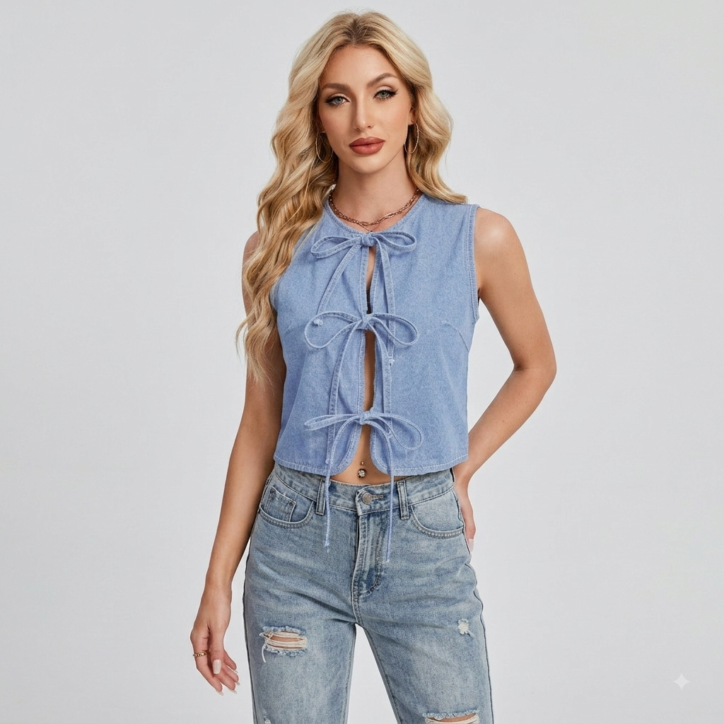 Women’s Y2K Denim Vest Top with Bow Tie Detail – Sleeveless Summer Casual Tank Top