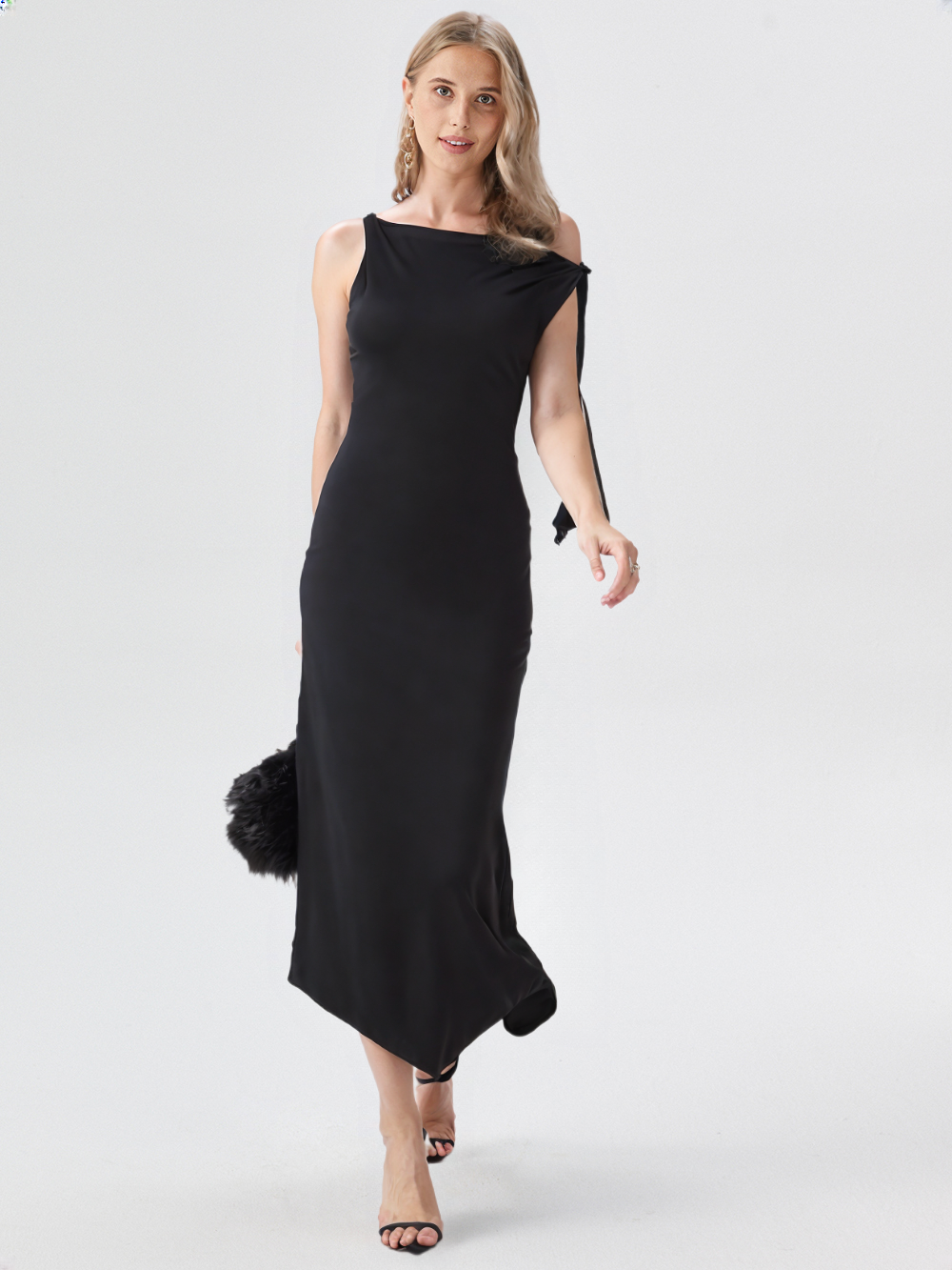 Women’s One-Shoulder Ribbon Maxi Dress – Sleeveless Slim Fit Evening Party & Club Dress