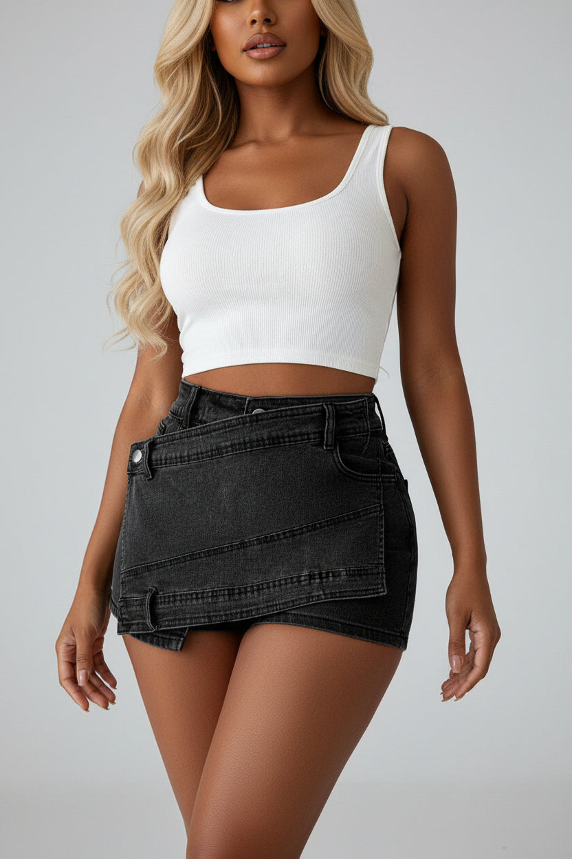 Women’s Grunge Punk Denim Skort – High-Waisted Asymmetrical Wrap Mini Skirt with Skinny Stretch Jeans Style