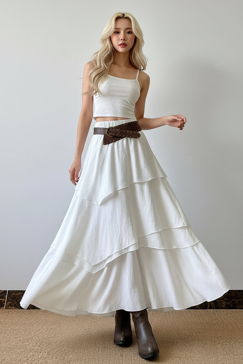 Low-Waist Tiered Maxi Skirt for Women – Irregular Layered Stitching Vacation Beach Skirt