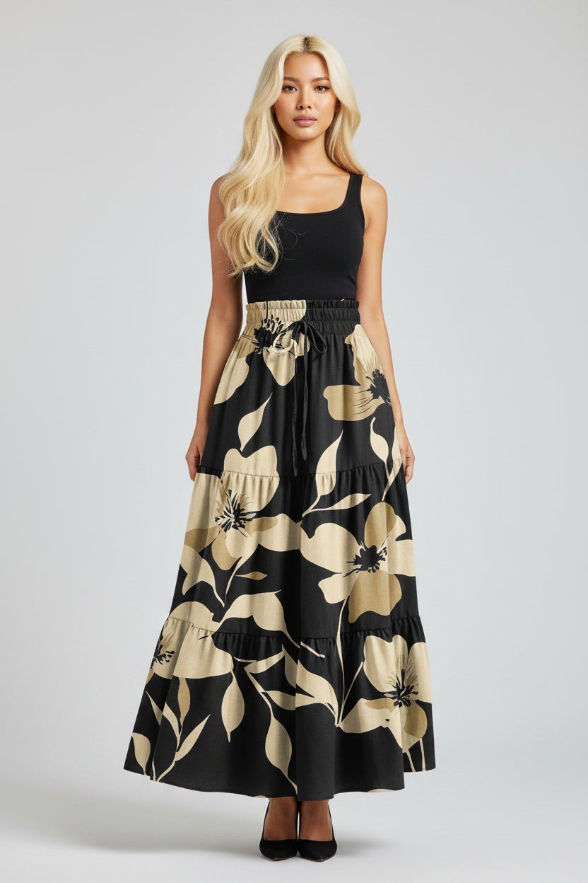 Printed Drawstring Maxi Skirt for Women – Elastic High-Waist Pocket Patch Casual Skirt